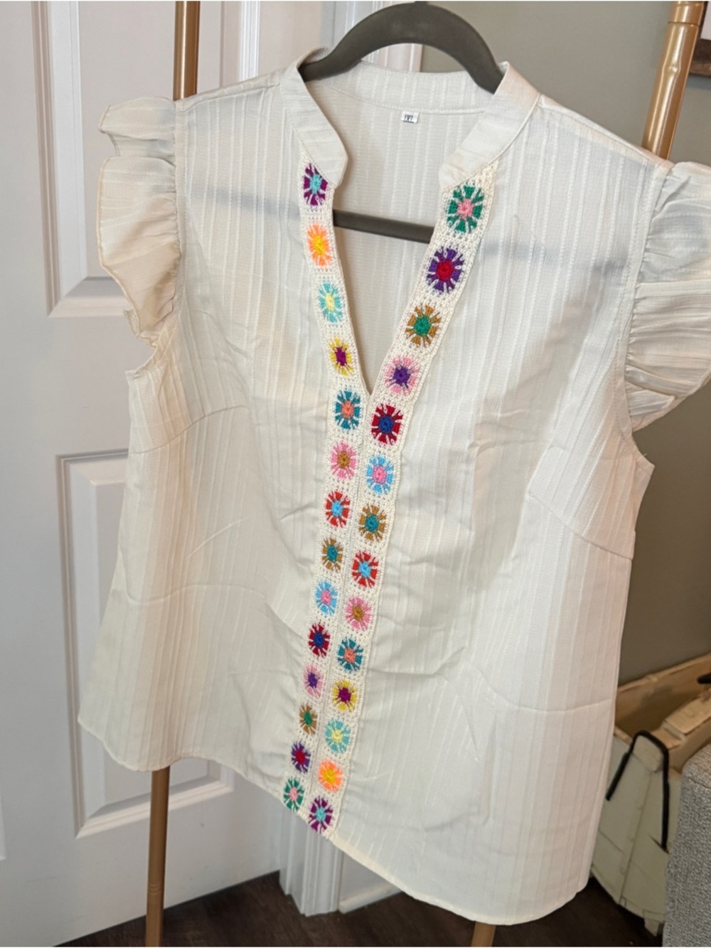 Women’s Cream Embroidered Flutter Sleeve Top